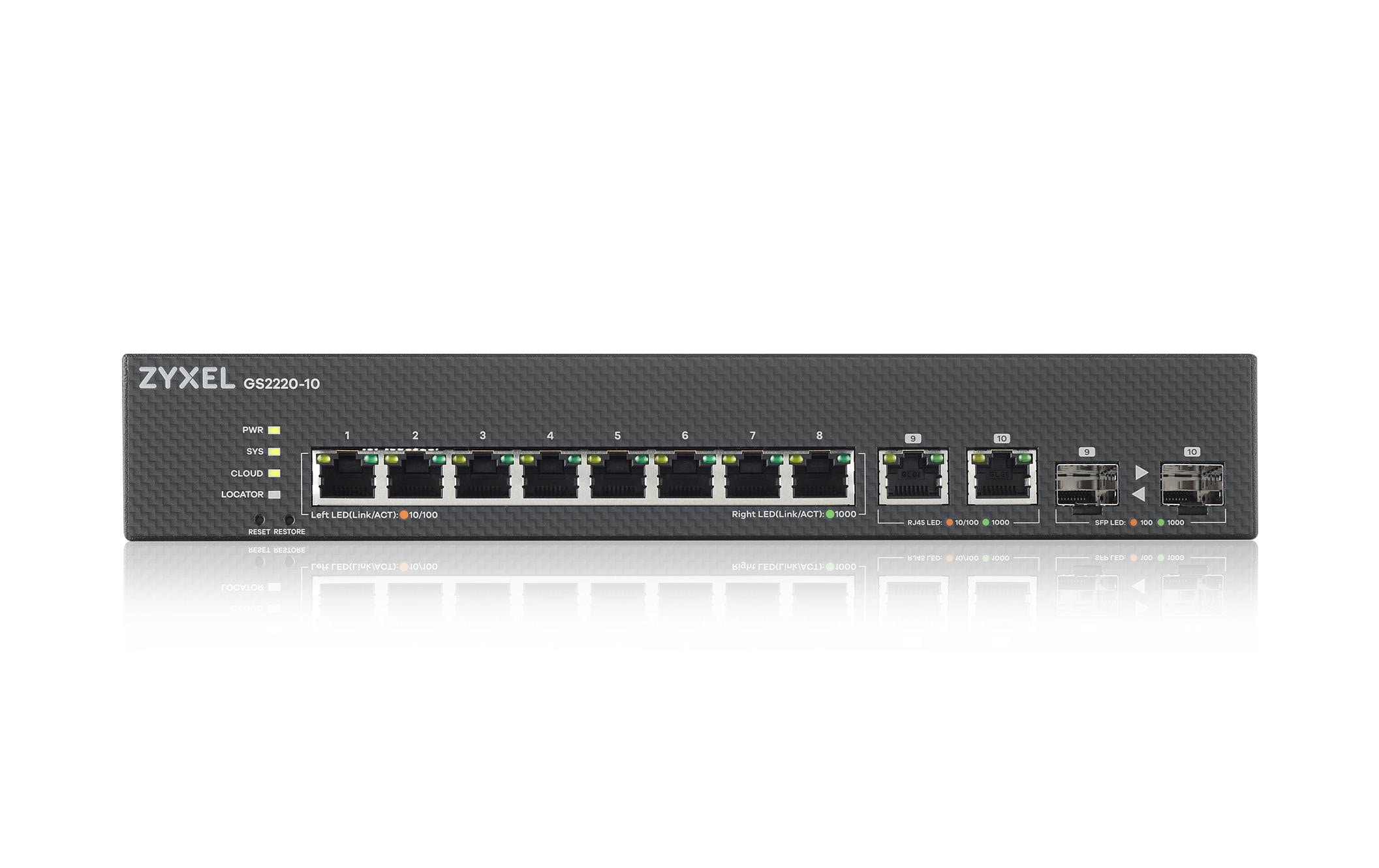 Switch GS2220-10 10 Port<br>8-Port-GbE-Switch, Layer 2 managed, 8x GbE RJ-45 Ports, 2x GbE Combo-Port, lüfterlos
