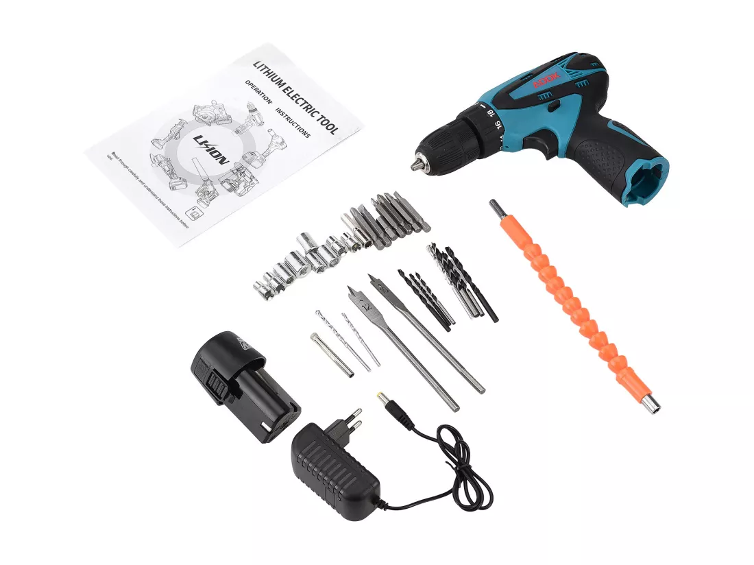 Perceuse Visseuse sans Fil avec lumière LED- 12V - 1*1.5Ah Batteries - 30 accessoires - moteur brossé - bleu