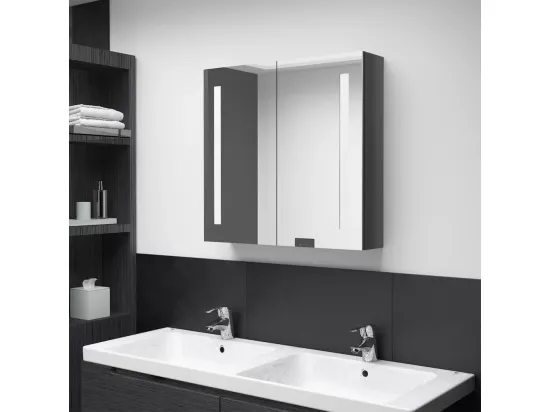 Armoire de salle de bain à miroir LED Gris brillant 62x14x60 cm