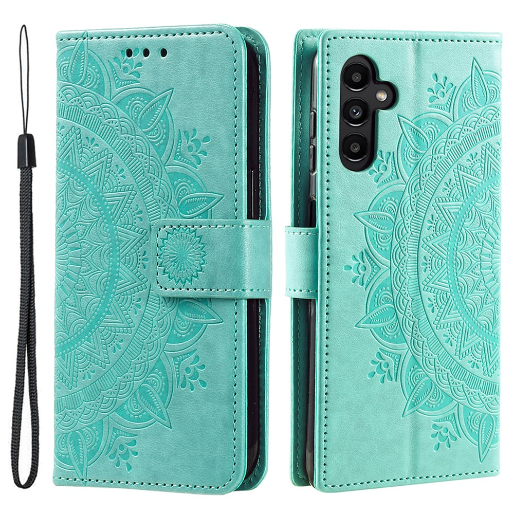 Samsung Galaxy A55 Leder Tasche Wallet - Mandala Flowers Imprint - Türkis