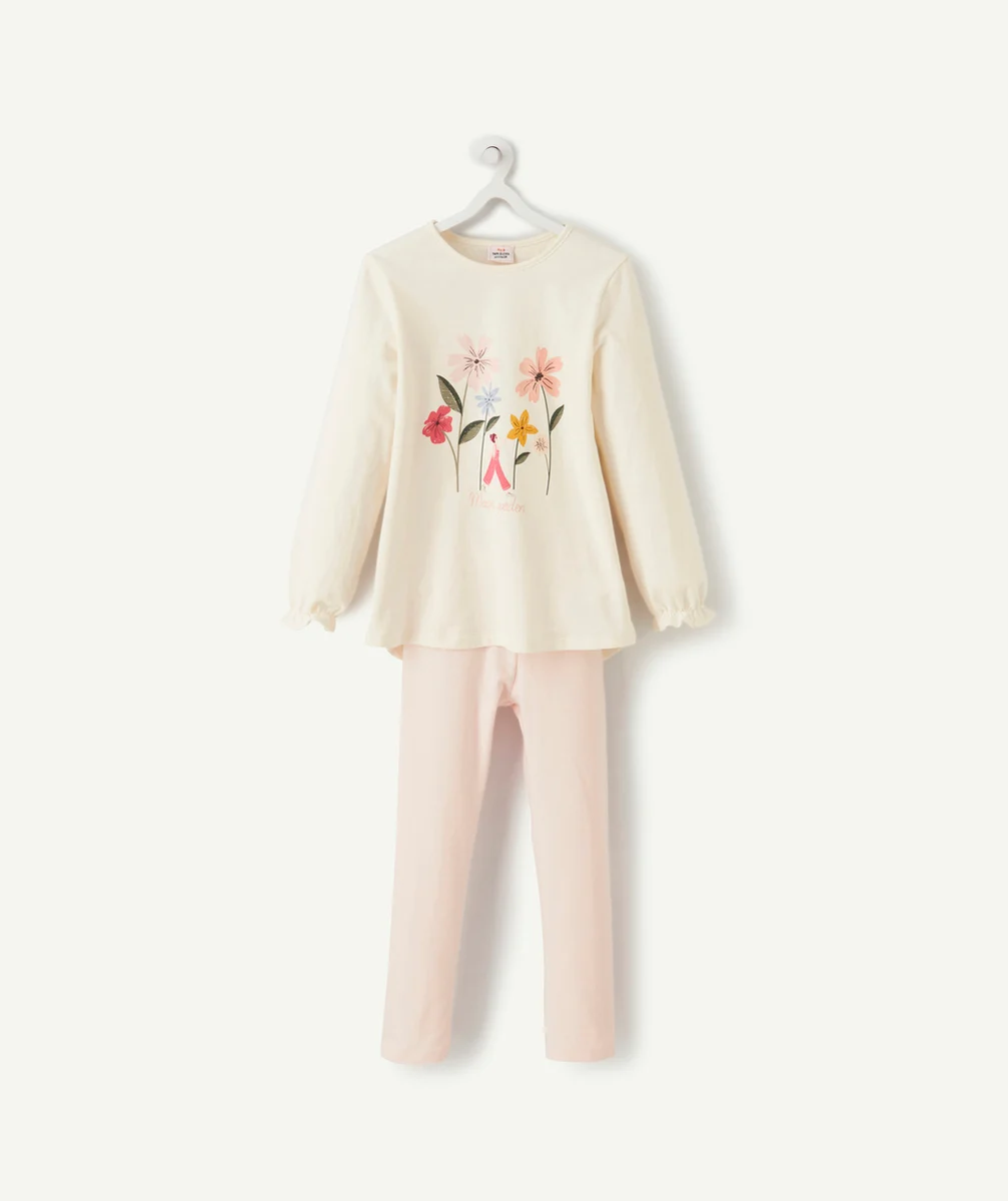 PYJAMA FILLE EN COTON ROSE PÂLE ET ÉCRU AVEC FLEURS
