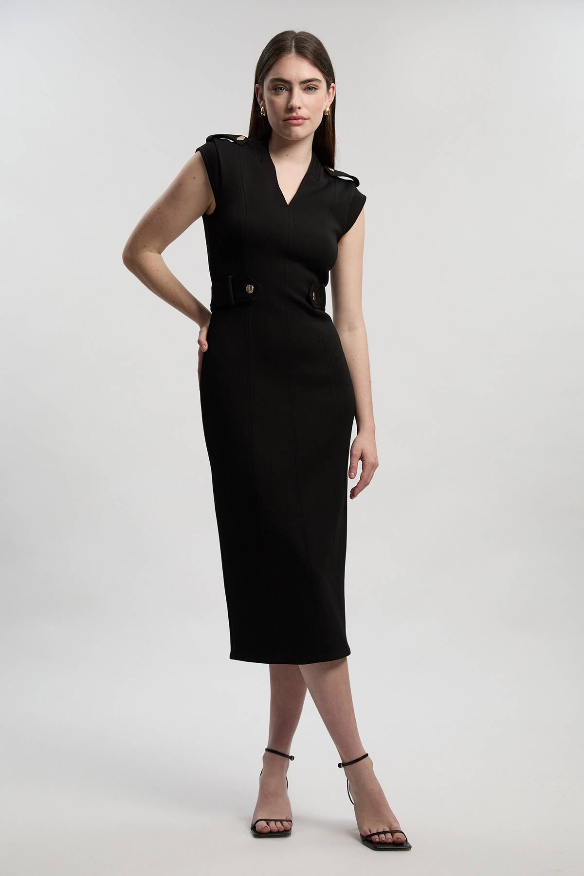KarenMillen Robe Mi-Longue Ponte à Col V avec Détails Patte