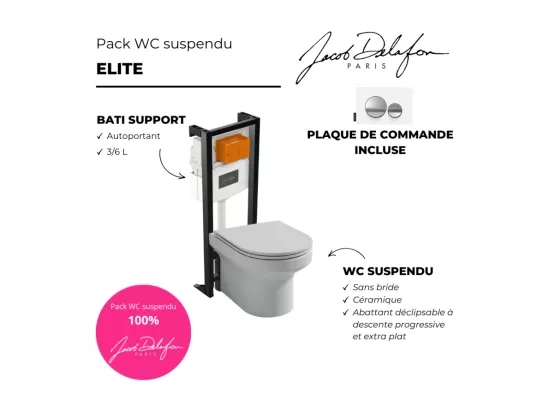 Pack WC suspendu sans bride JACOB DELAFON Elite + bâti-support + plaque Chrome brillant/Blanc mat