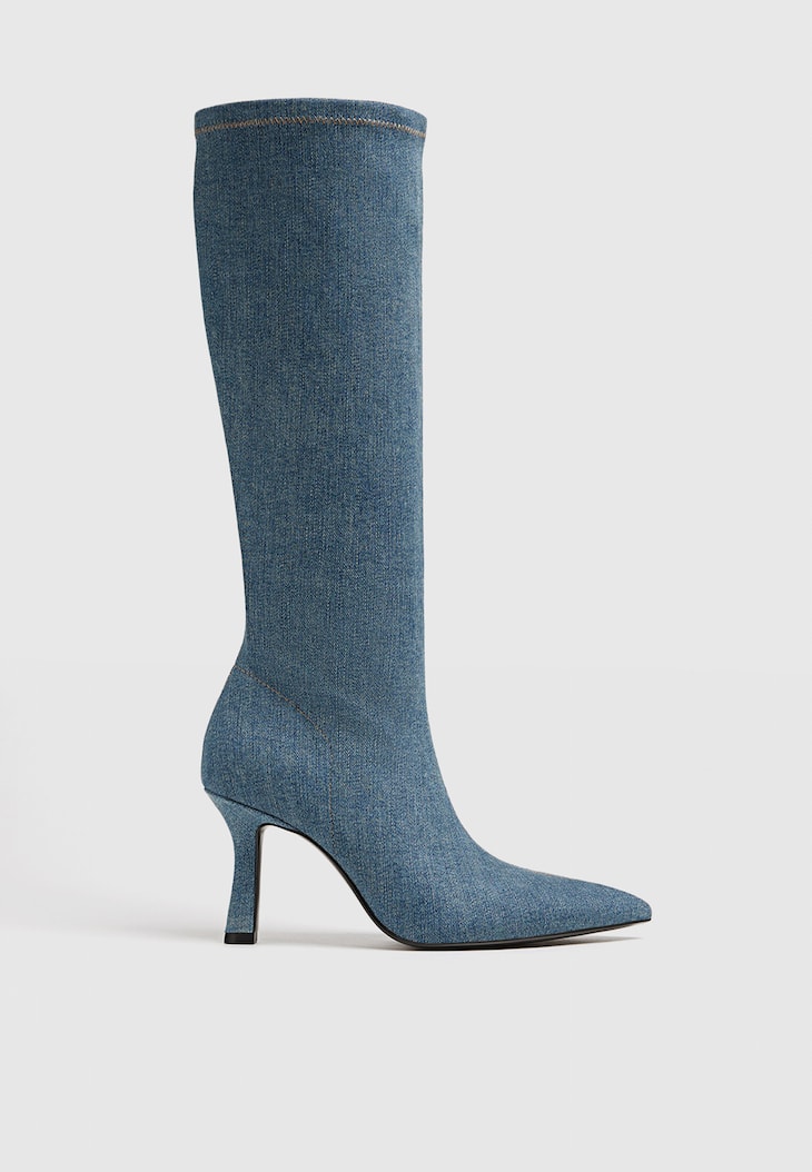 Botas de salto alto tamanho XL em jeans elástico