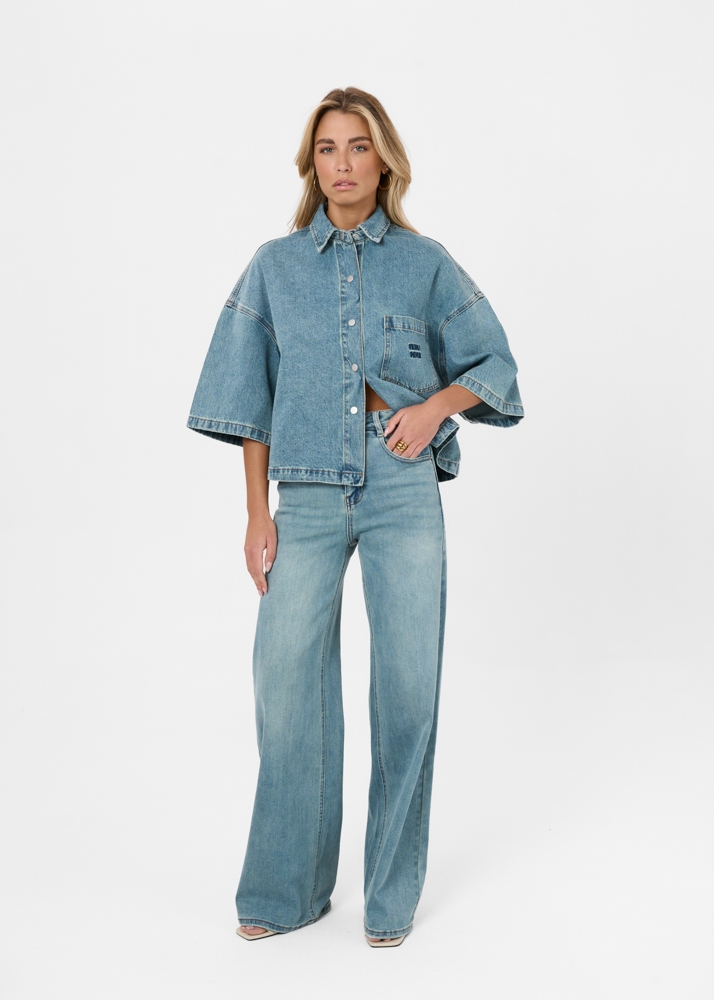 Wide leg stretch jeans smokey blauw