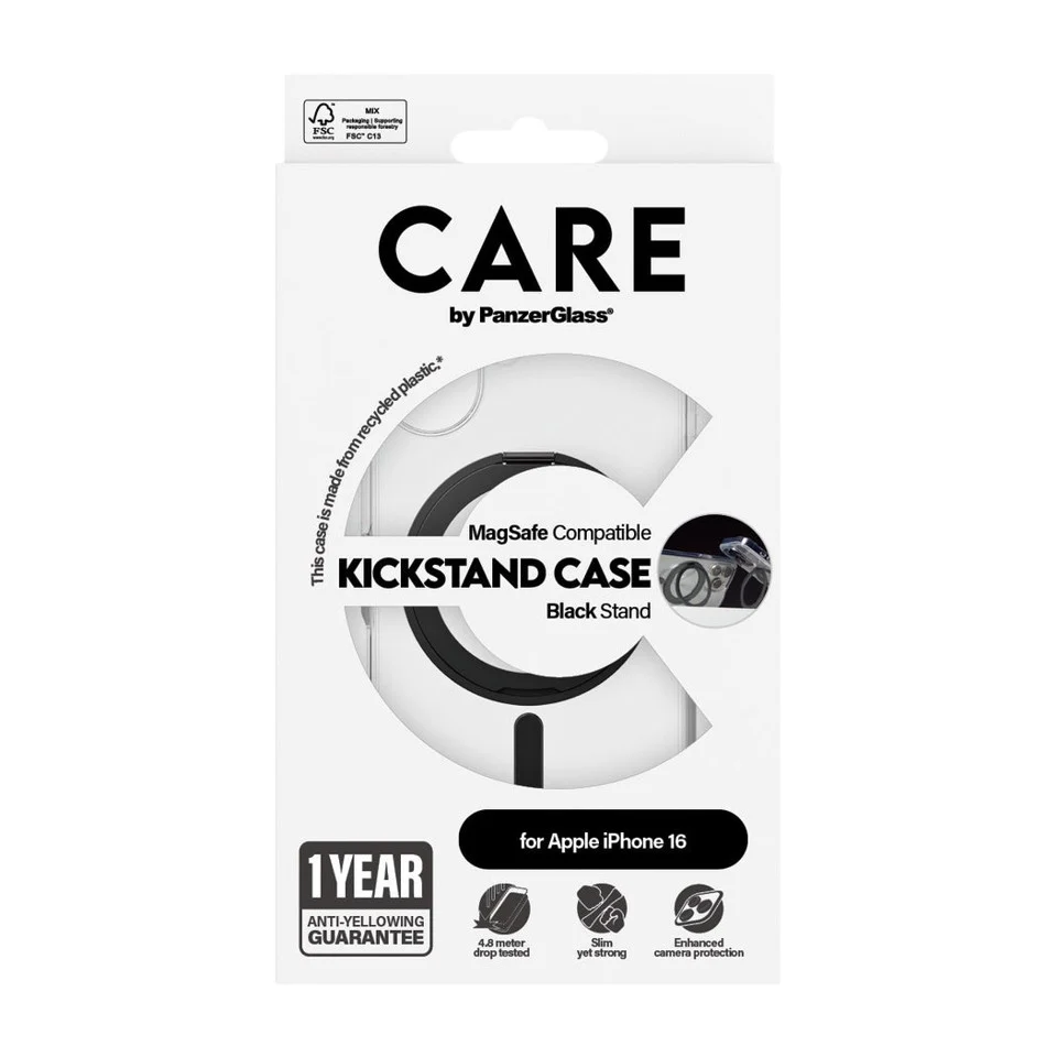 CARE by PanzerGlass - Feature Case Transparent w. Black Kickstand & MagSafe - iPhone 16