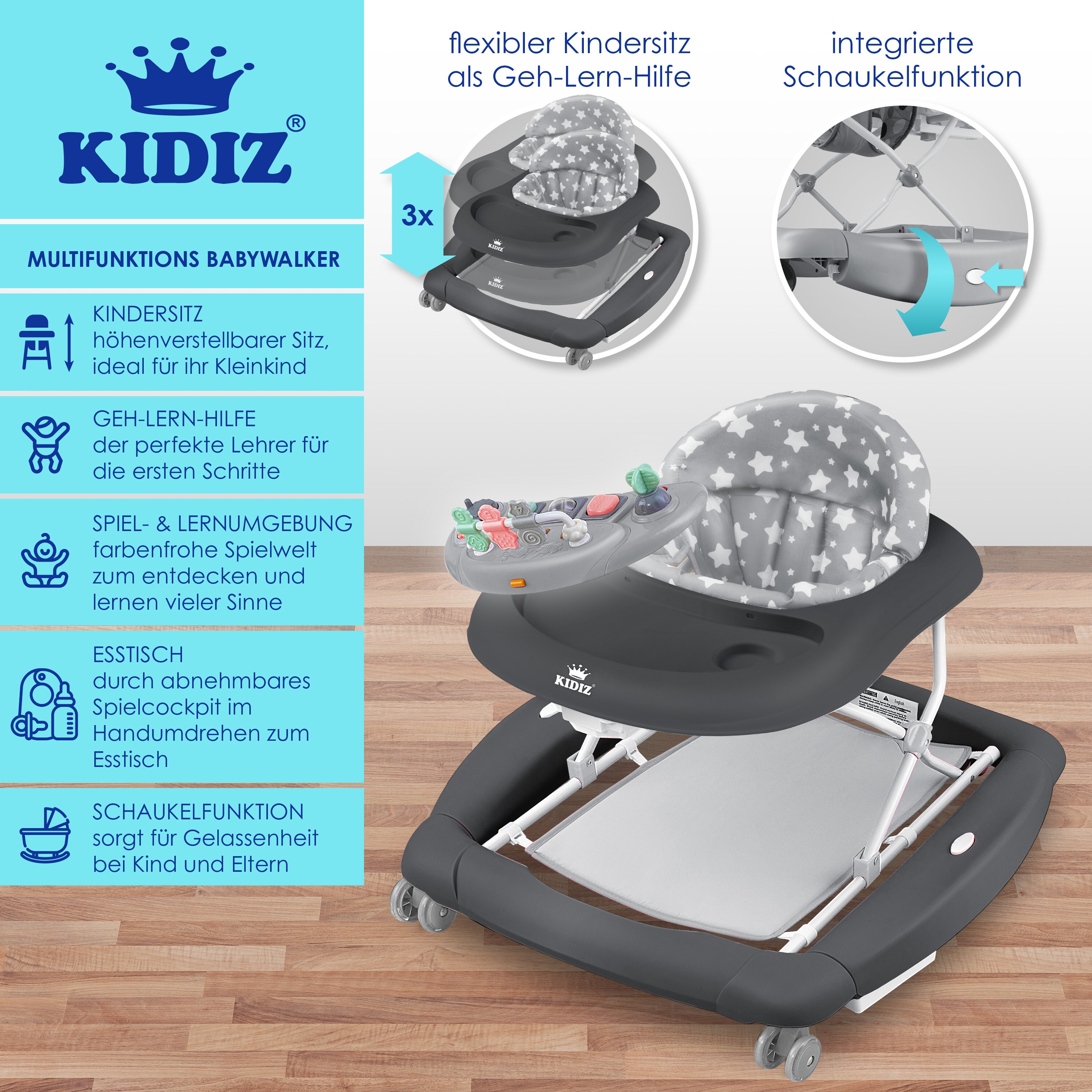 KIDIZ® 4in1 Lauflernhilfe Babywalker Spiel- und Lauflernwagen Gehfrei - Schaukelfunktion Babywippe mit Rollen, Licht, Musik ,Spielecenter Esstisch Laufstuhl Laufhilfe babys ab 6 Monaten Klappbar