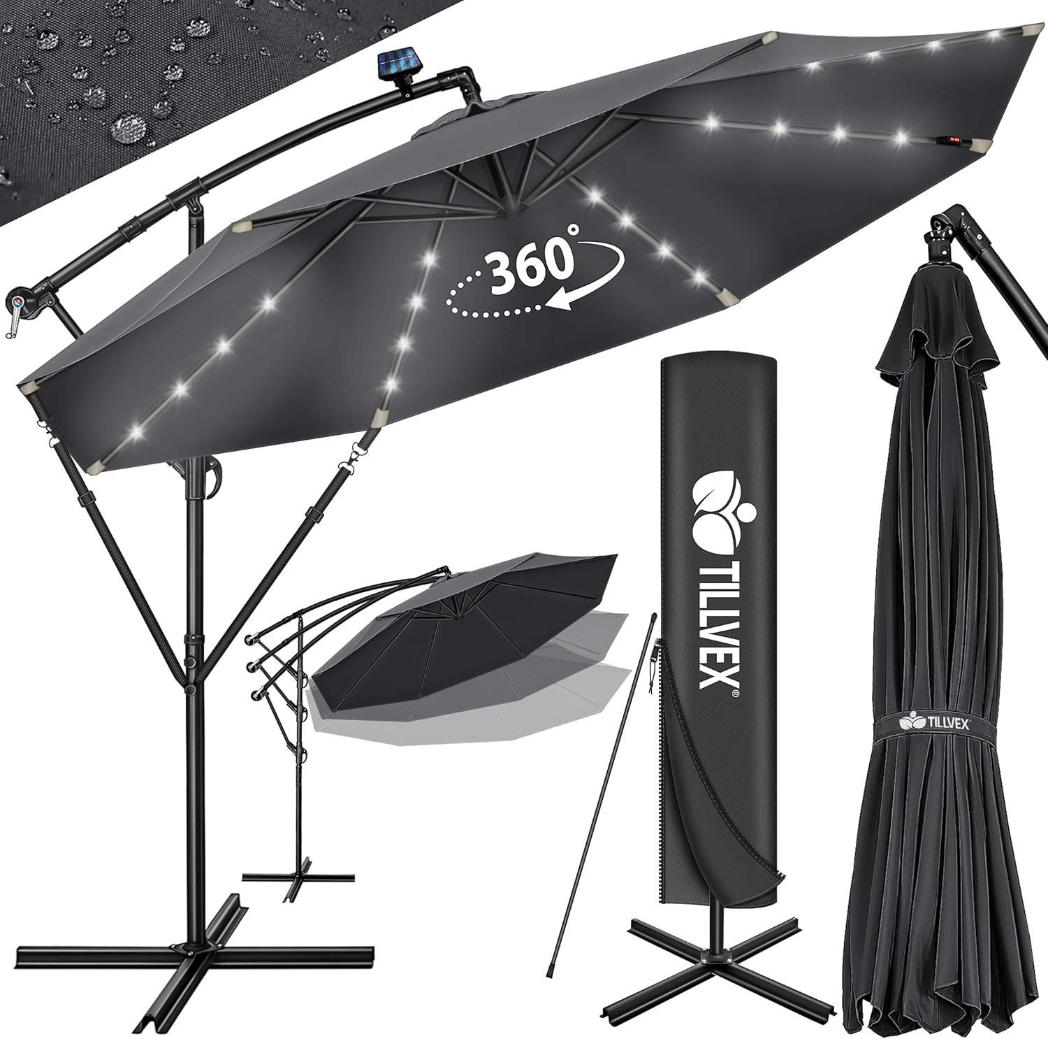 tillvex Alu Ampelschirm + Abdeckung LED Solar Ø 300 cm mit Kurbel, Abdeckung + Ständer | Sonnenschirm mit Windschutz | Gartenschirm UV-Schutz Aluminium | Kurbelschirm Marktschirm wasserdicht