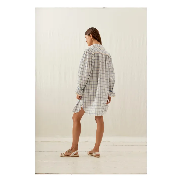 Louise Misha Robe Nilan Carreaux Coton Bio et Lin - Collection Femme | Bleu