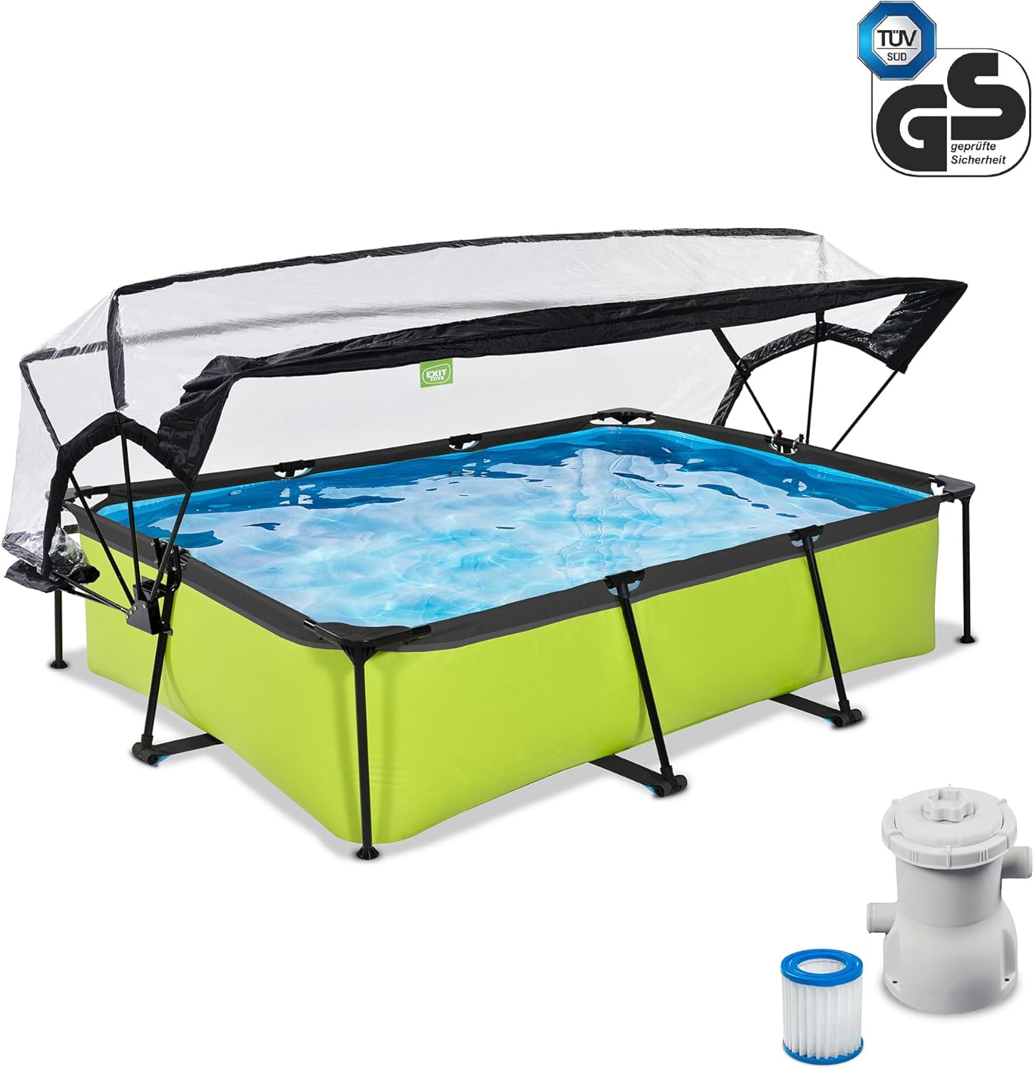 EXIT Toys Lime Pool mit Multifunktionale Abdeckung - 300x200x65cm - Rechteckiger, Kompakter Rahmenpool mit Kartuschenfilterpumpe - Leicht Zugänglich - Für Sauberes und Warmes Poolwasser - Grün