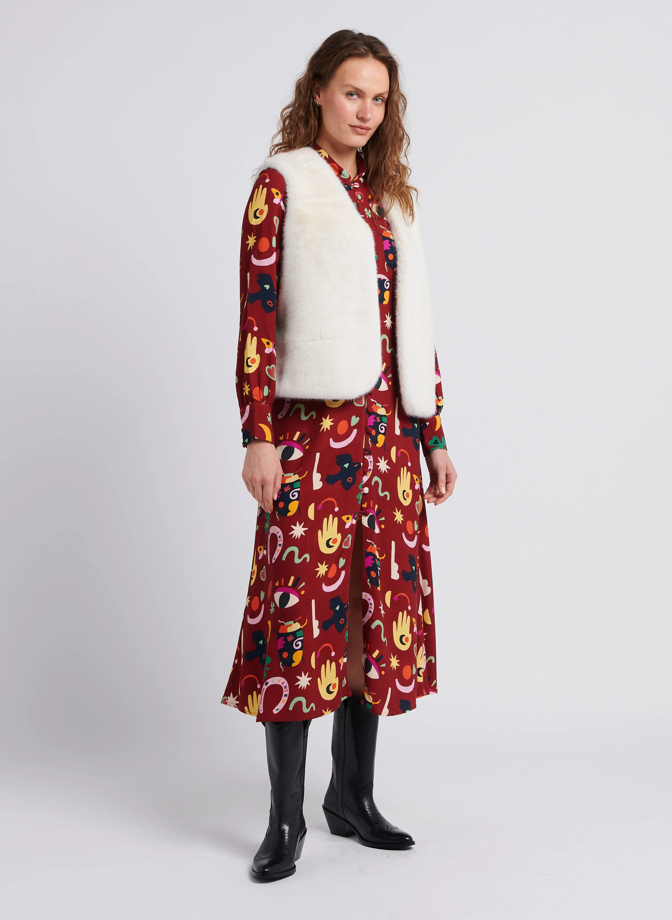 VICTORIA - Robe longue col rond imprimée| Rouge