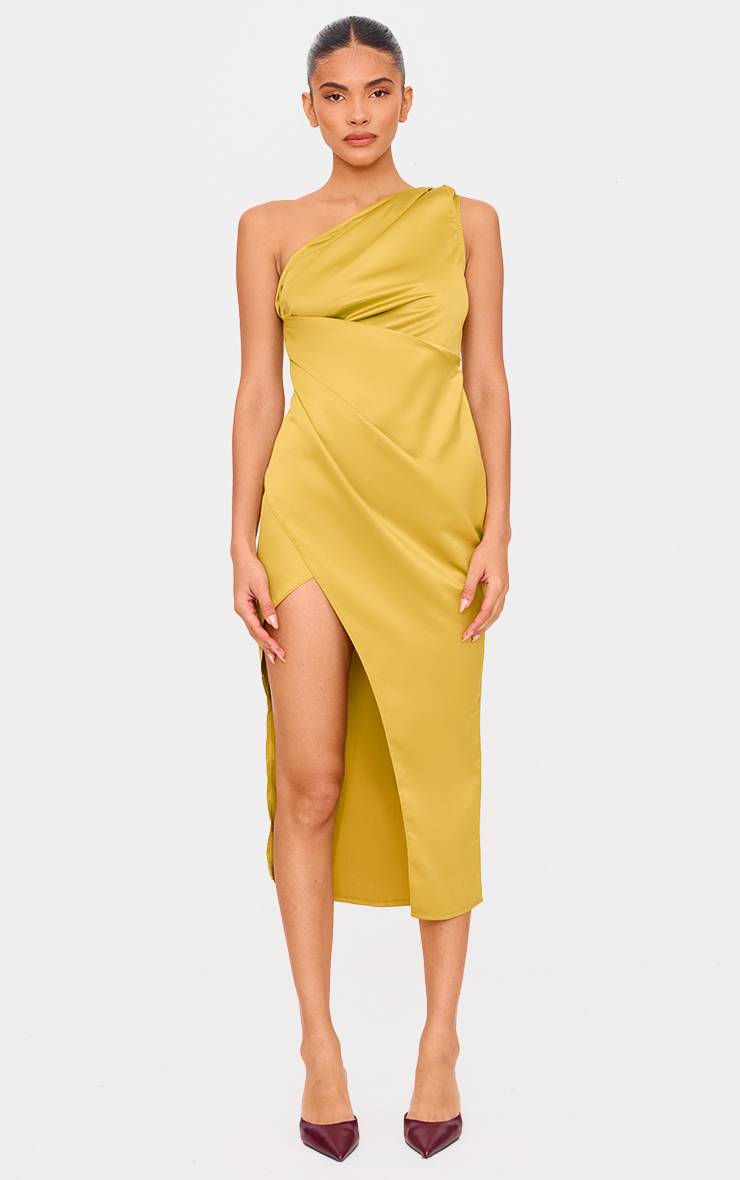 Vert Olive Robe Midi En Satin À Une Épaule Avec Détails Plissés