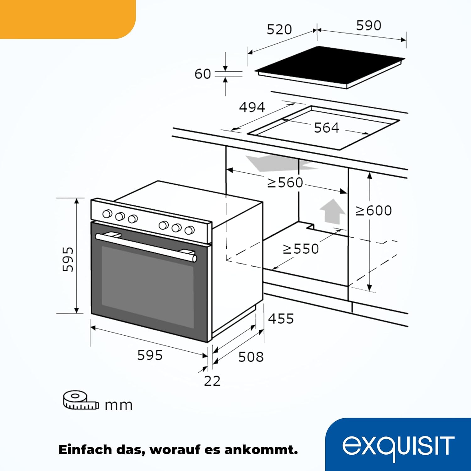 Exquisit Herd-Set EHE256-U-020-Set schwarz | EEK: A | 59,0 l Garraum | Glaskeramik Kochfeld | Herd-Set 60 cm