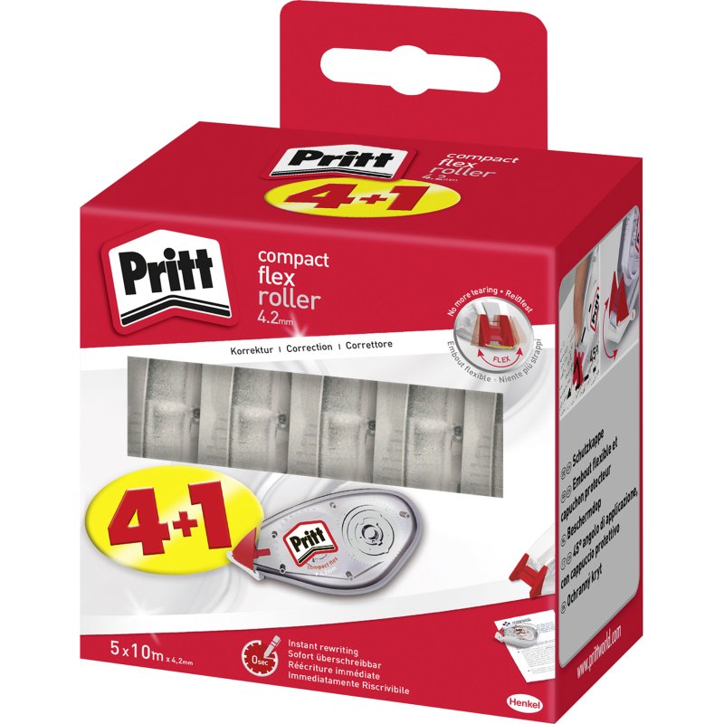 Pack de 4 correcteur à sec Compact Pritt largeur 4,2 mm - Longueur 10 m + 1 offert