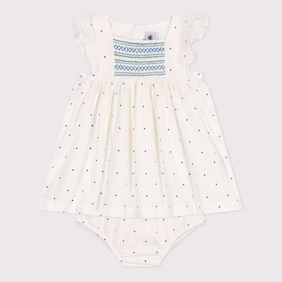 Robe blanche bébé en coton et son bloomer imprimés à pois   de               Petit Bateau