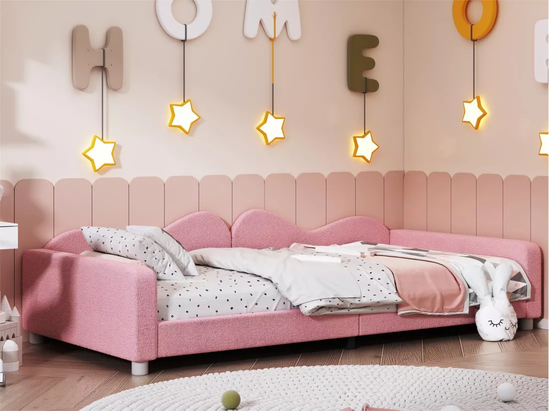 Lit banquette capitonné - 90 x 200 cm - 2 tiroirs - tissu peluche - sommier à lattes - pour enfant ou bébé - rose