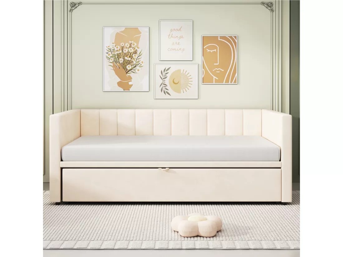 Lit gigogne 90 x 200 cm pour enfant - velours - sommier inclus - coloris beige