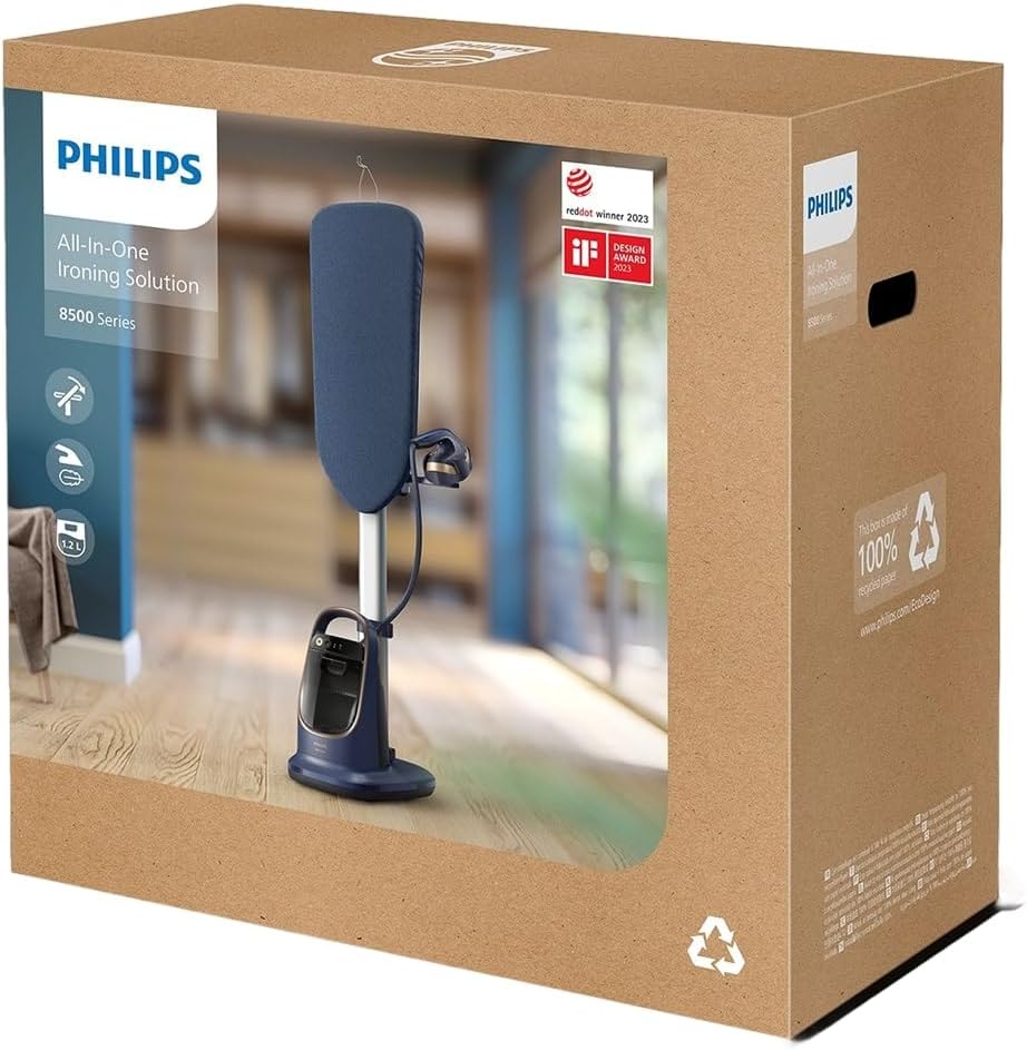 Philips All-in-One-Bügelkomplettlösung 8500-Serie - Mehrwinkliges Bügelbrett, kein Verbrennen, abnehmbare Basis, Dual Heating Technologie, tötet 99,9% der Bakterien und Staubmilben* (AIS8530/20)