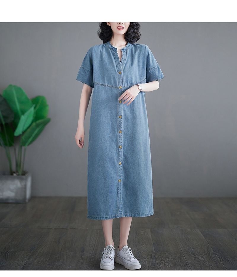 INEN - Maxi-jurk met korte mouwen en V-hals van gewassen denim