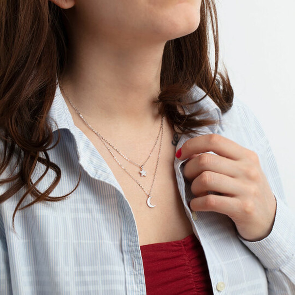Collier Lotus Silver Double étoile et lune Argent