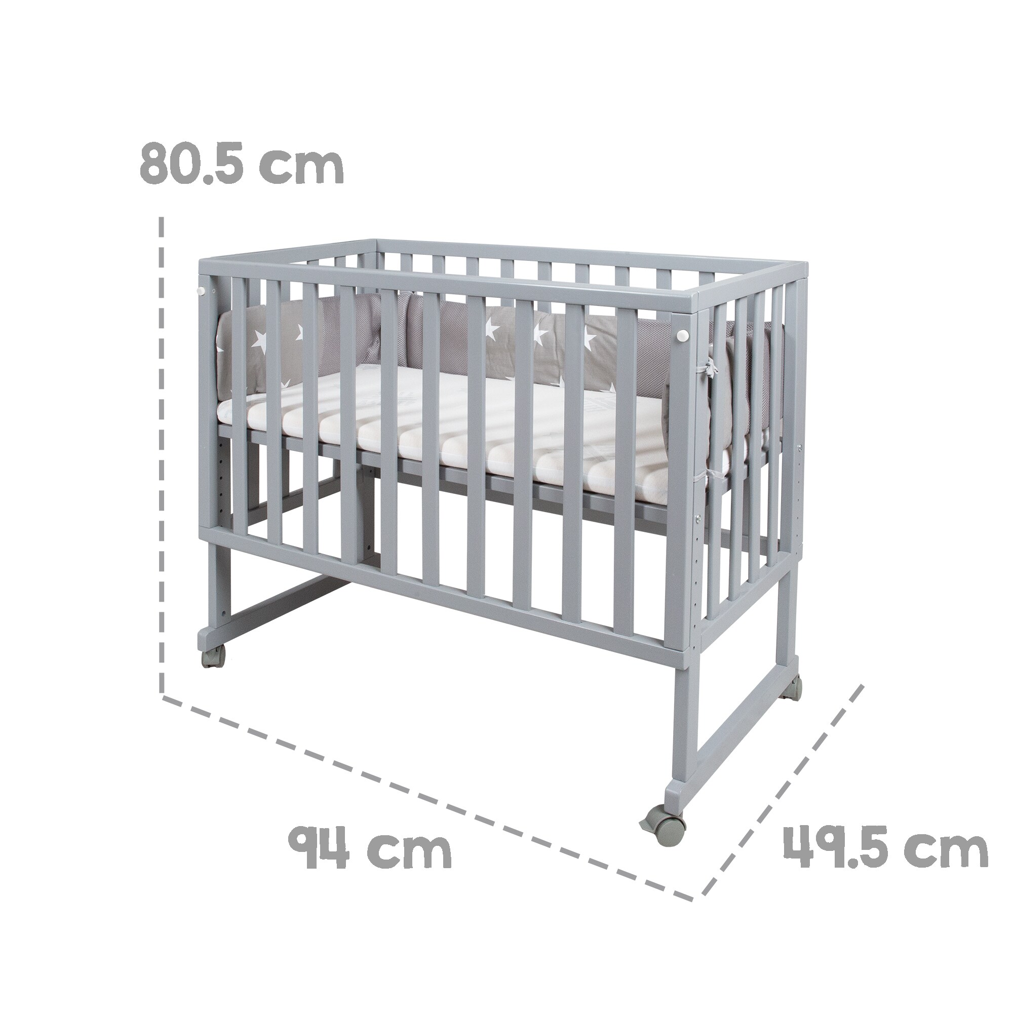 Stubenbett 'safe asleep®' 3 in 1,'Little Stars', Beistellbett grau, Babybett & Bank, mit Zubehör