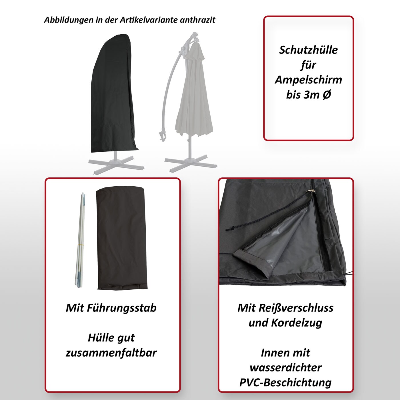 Schutzhülle für Ampelschirm MCW-D14 bis 3m, Abdeckhülle Schutzhaube Cover mit Reißverschluss ~ anthrazit
