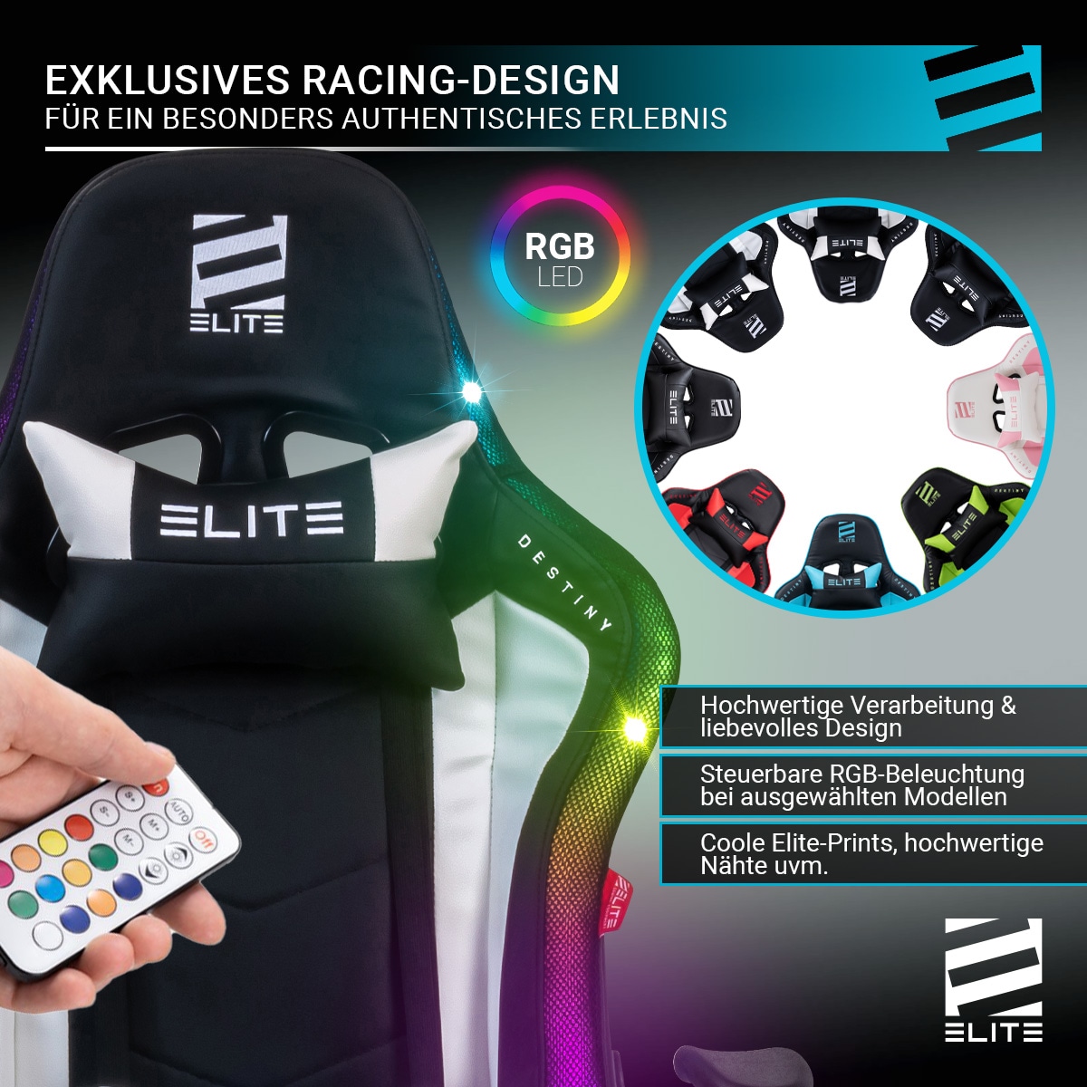 ELITE Gaming-Stuhl DESTINY, Rücken- und Nackenkissen, Wippmechanik, bis 170kg, Sitzhöhe 45-55, MG200 (Schwarz/Grün)