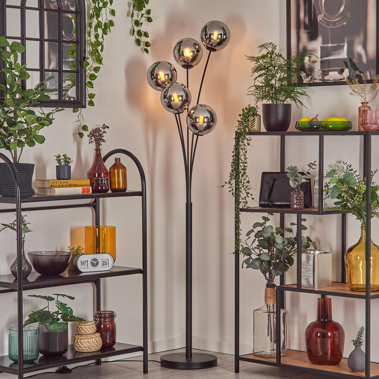 HOFSTEIN Stehleuchte Gastor, Stehlampe aus Metall/Glas in Schwarz/Chrom/Rauch, Leuchte im Vintage-Design mit Glasschirmen (Ø 15 cm) u. Fußschalter, 169 cm, E14, Wohnzimmer, Schlafzimmer, Esszimmer