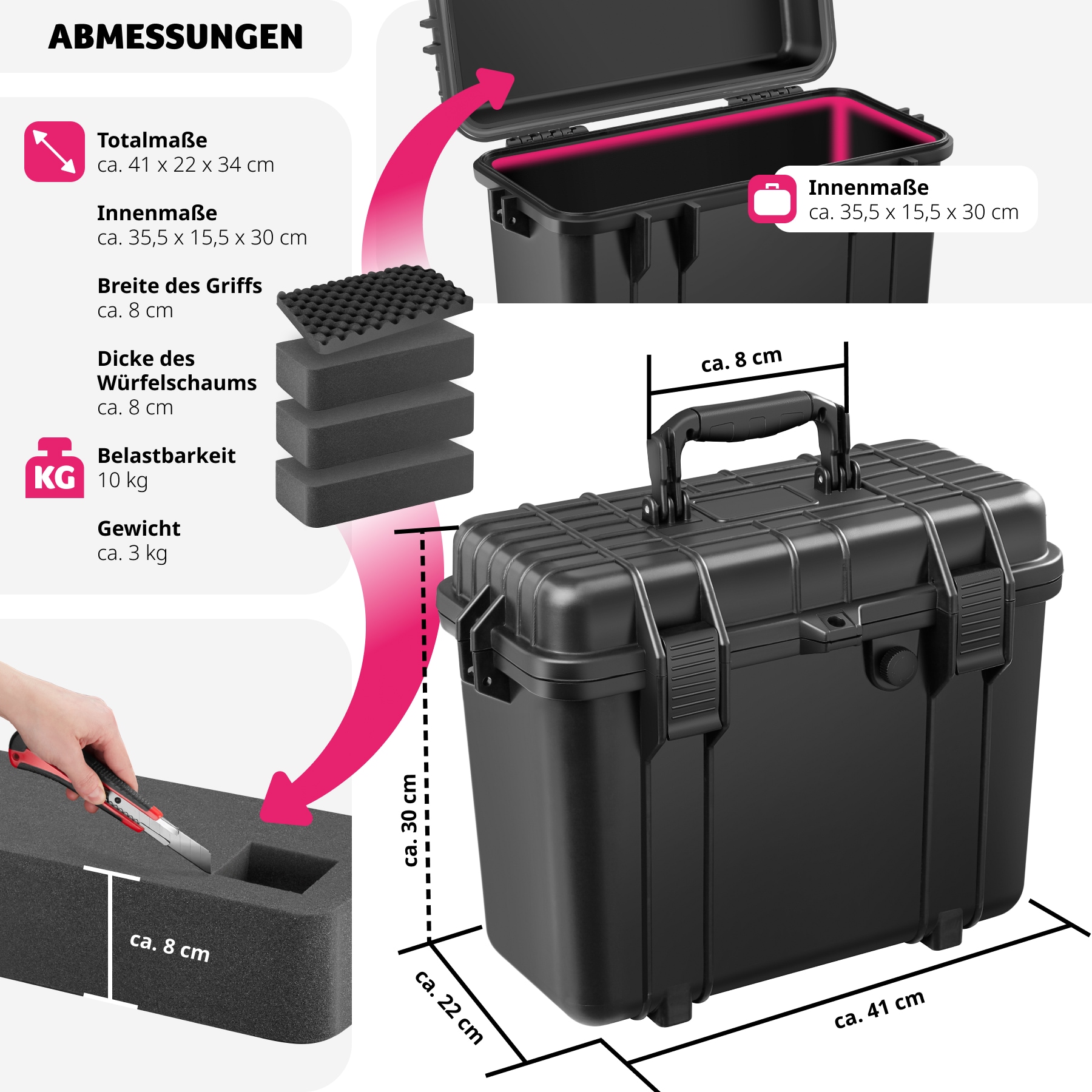 tectake® Universalbox, aus robuster Hartschale mit 4 dicken Schaumstoffeinlagen, wasserdicht und temperaturbeständig, 41 x 22 x 34 cm