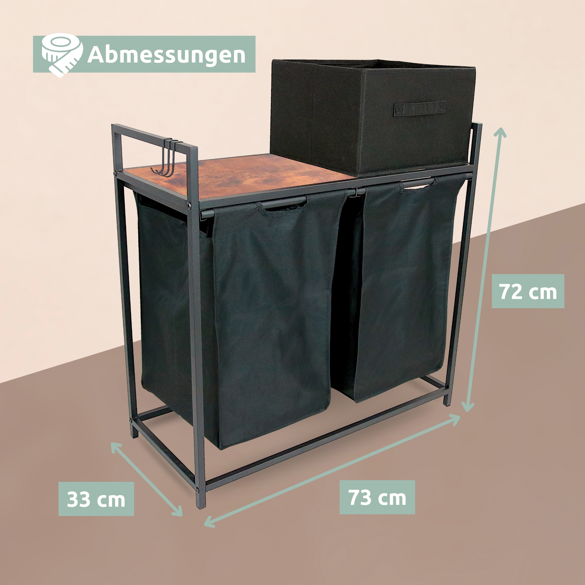 deluxe4home Wäschekorb mit 2 Fächern und Aufbewahrungsbox schwarz/Vintage-Look braun
