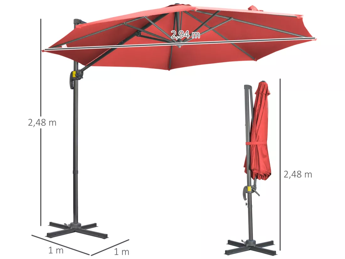 Parasol déporté octogonal inclinable manivelle avec pied en acier Ø 2,94 x 2,48H m rouge
