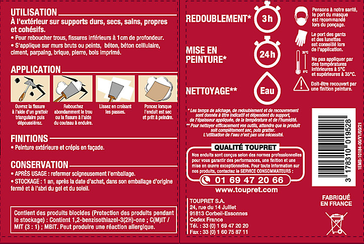 Enduit de rebouchage en pâte souple Toupret 1,5kg