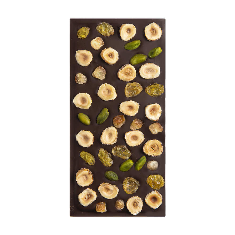Tablette chocolat noir 72% façon mendiant aux fruits secs