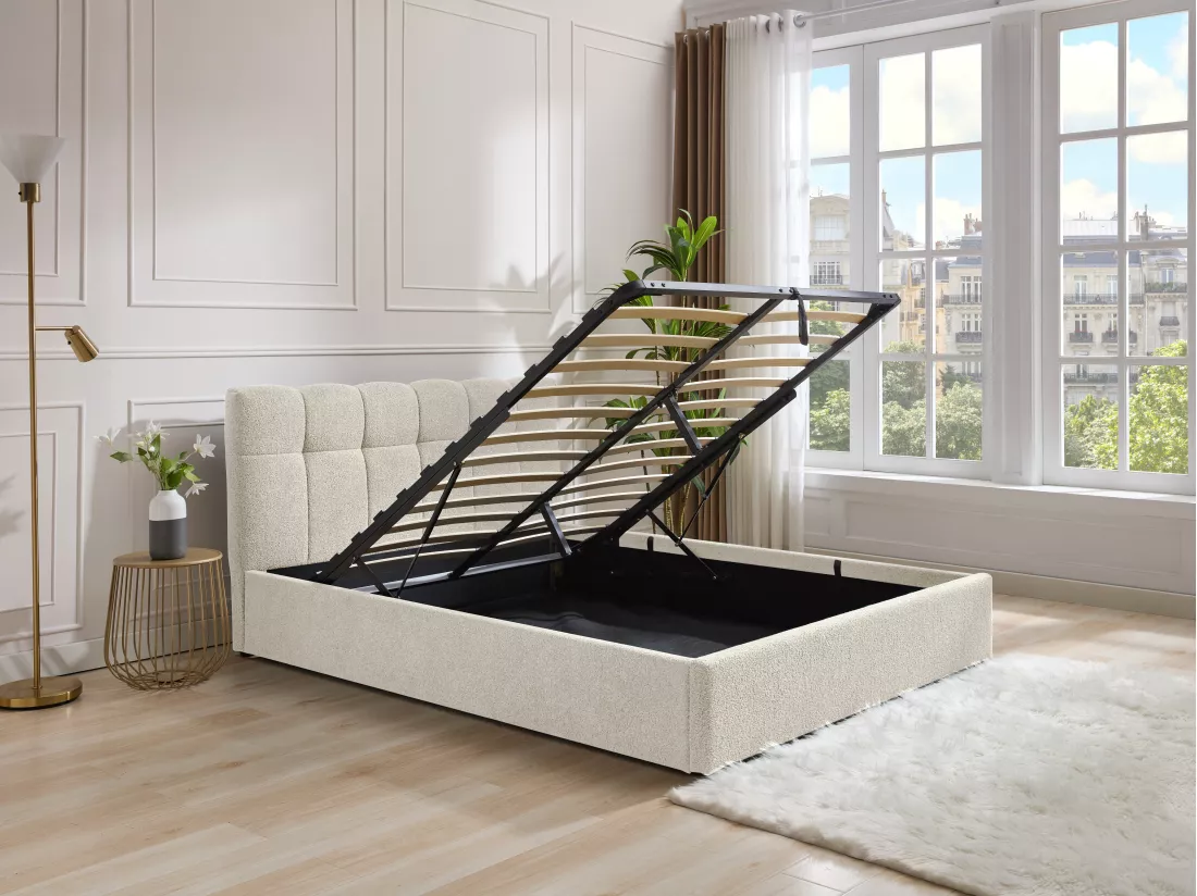 Lit coffre 140 x 190 cm - Tissu bouclette - Blanc - MAZIRI