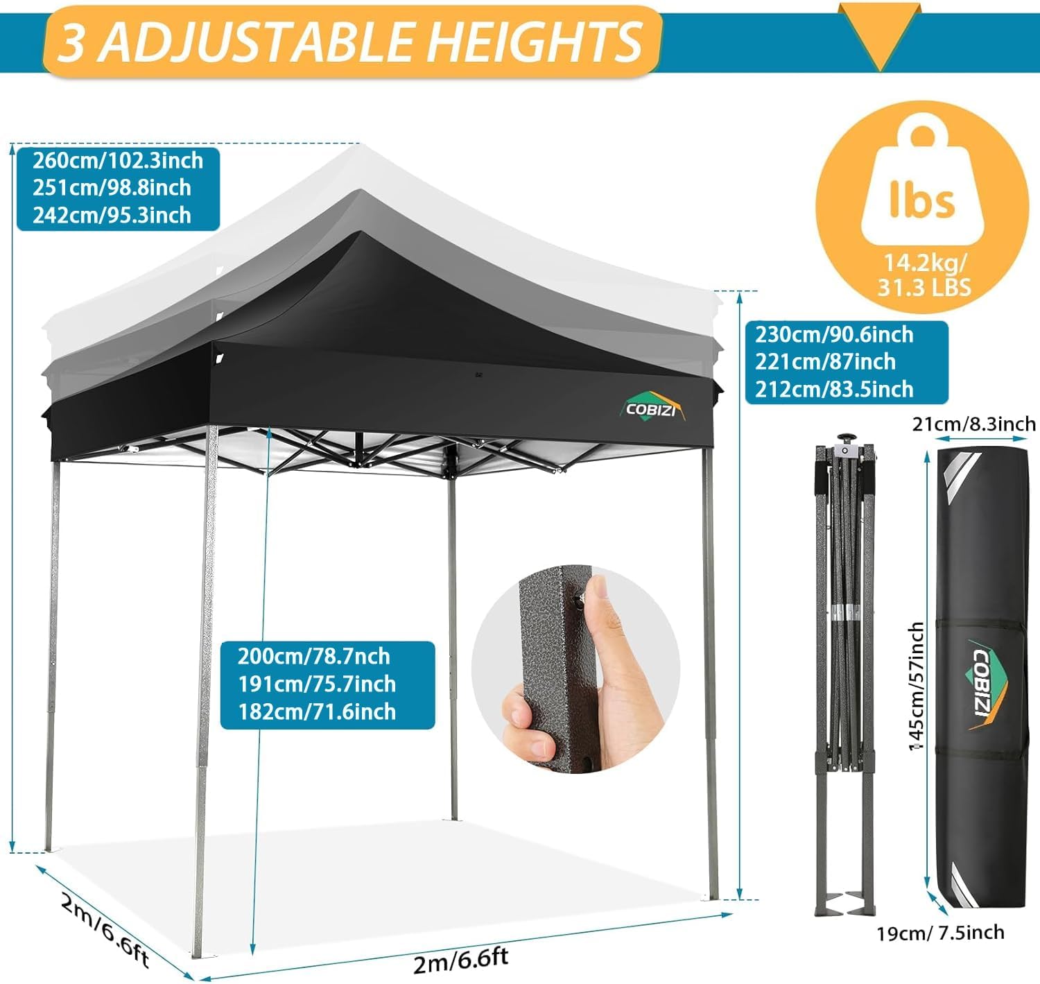 COBIZI Faltpavillon 2x2 Wasserdicht Stabil Winterfest ohne Seitenwand,Pop Up Pavillon Partyzelt,Sonnenschutz Gartenpavillon,Pavillon Faltbar mit Handtasche(2 mal 2m Schwarz)