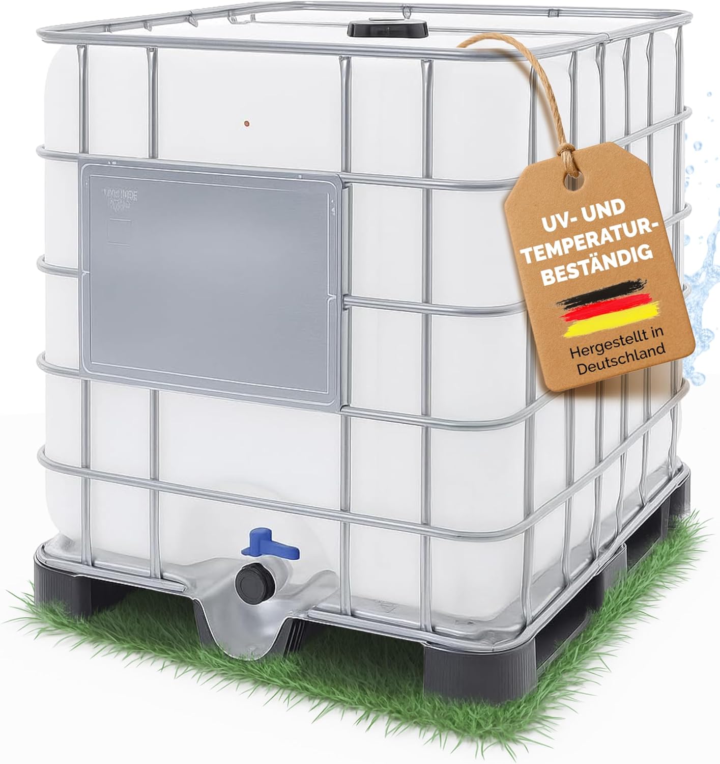 IBC Container 1000 Liter (neu) – Regentonne, Regenfass, Wassertank XXL mit Kunststoffpalette – lebensmittelecht & UV-beständig, wiederverwendbar – als Regenwassertank für Garten & Industrie