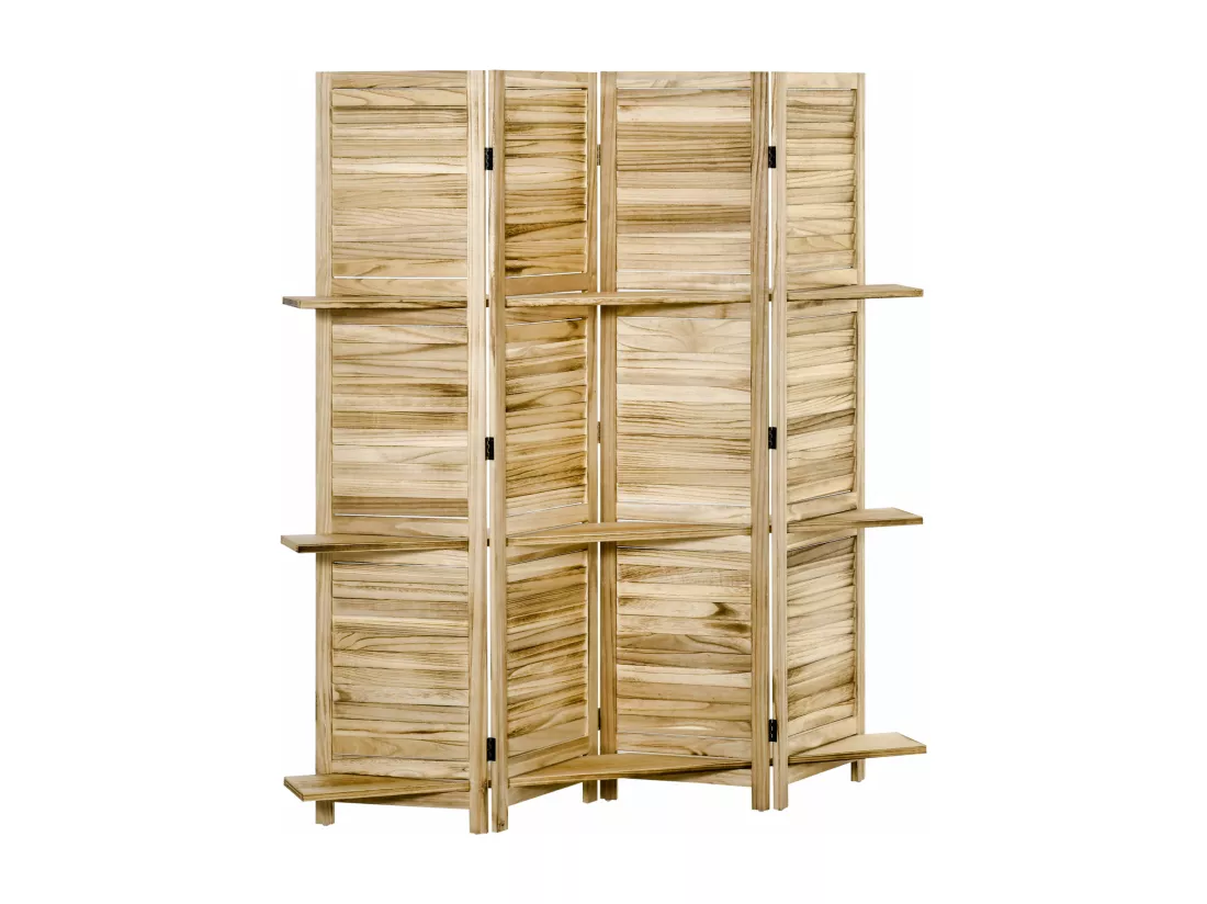 Paravent intérieur 4 panneaux 3 étagères pliables séparateur de pièce portes persiennes bois de paulownia aspect pin autoclave