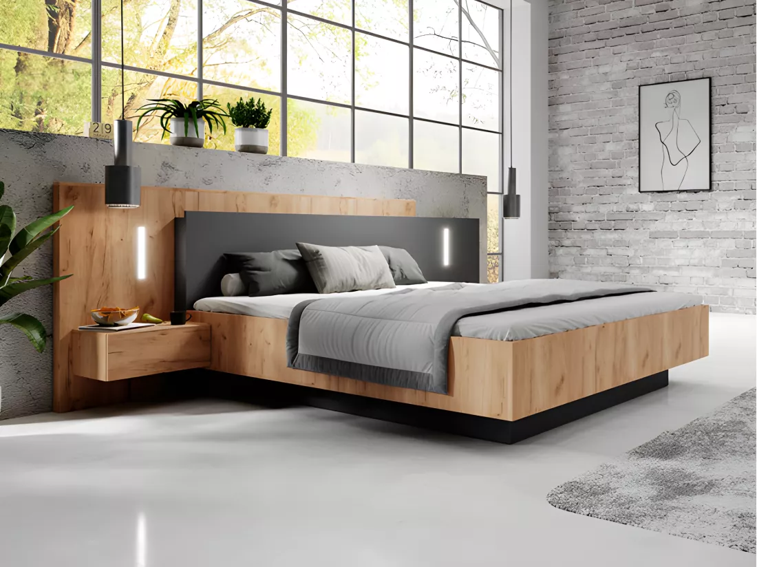 Lit avec chevets 140 x 190 cm - 2 tiroirs - Avec LEDs - Coloris : Naturel et anthracite + Sommier - FRANCOLI