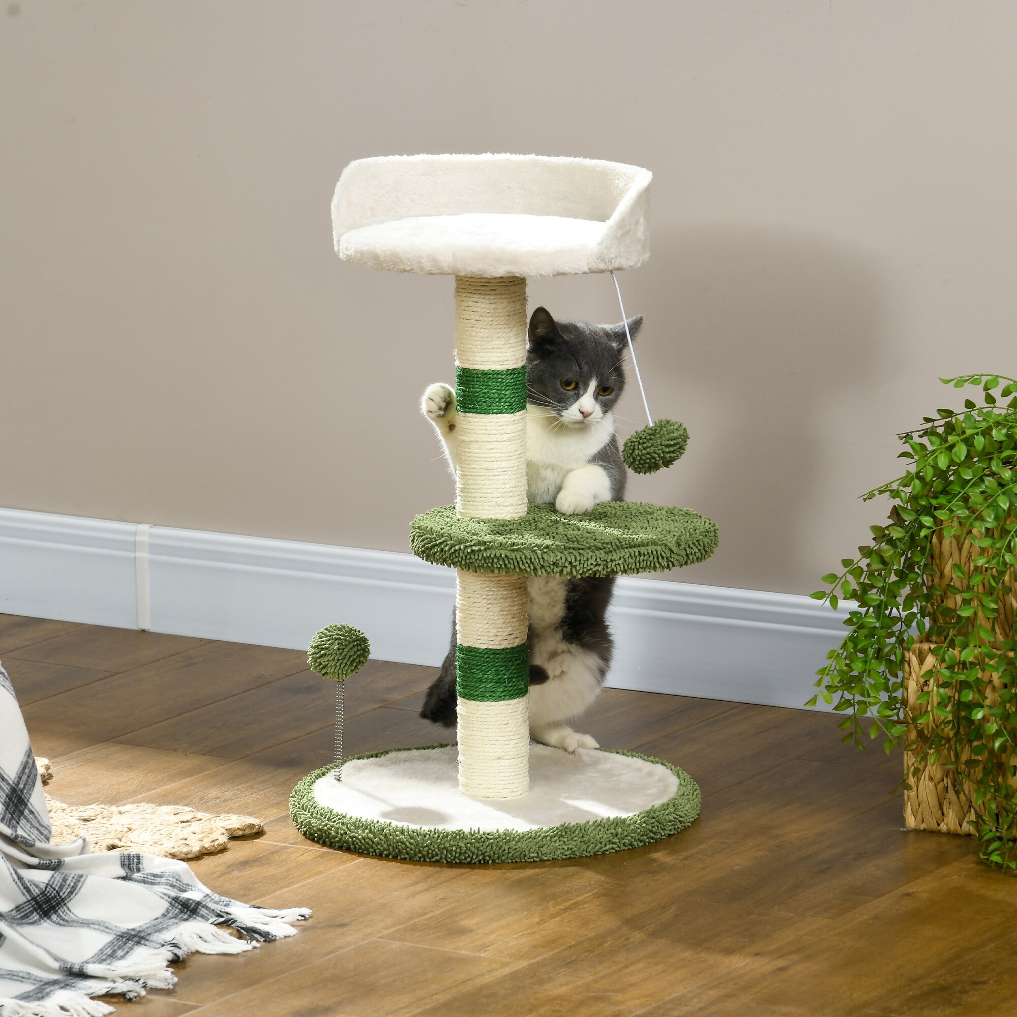 PawHut Kratzbaum mit2 Spielbällen und 2 Ebenen grün, weiß 40L x 40B x 64H cm