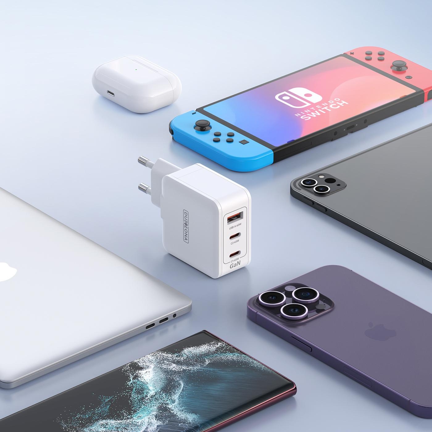 (65W) Dual USB C / USB A GaN Ladegerät Power Delivery 3.0 Netzteil - Weiss