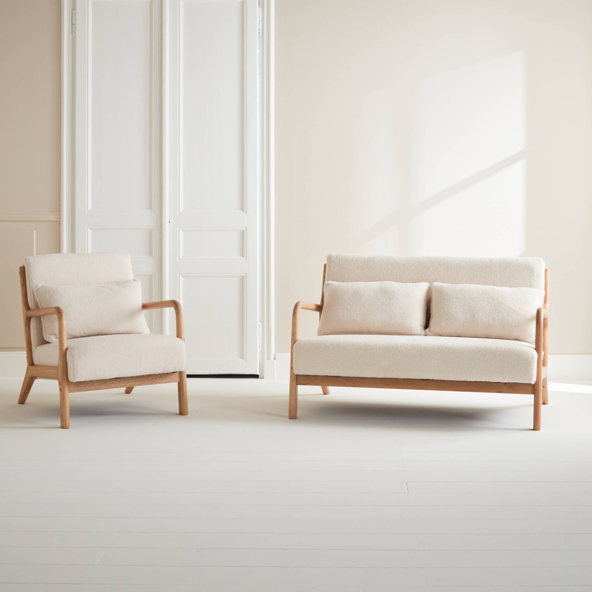 Banquette 2 places + fauteuil en bois et tissu bouclette