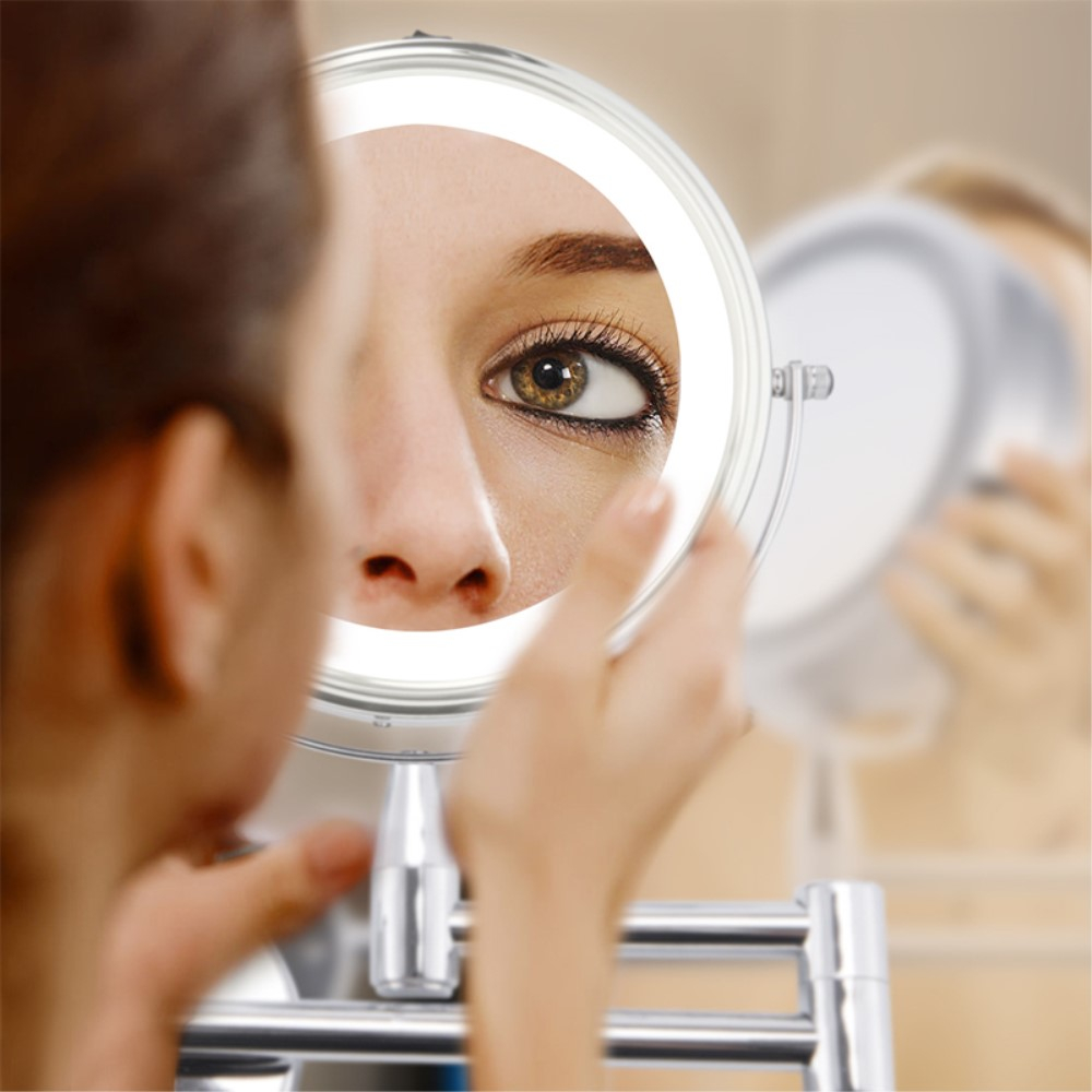 Doppelseitiger LED Makeup Schminkspiegel Kosmetik Spiegel mit Wandhalterung   Touch-Sensor (Batteriebetrieben) - Silber