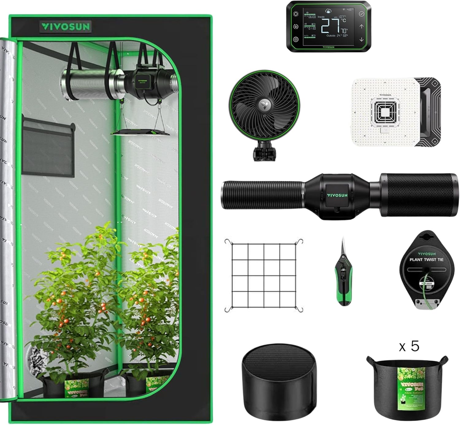 Premium Growzelt Komplettset mit Grow Zubehöre, High-Tech Growing Tent Kit mit Smart-Controller, Vollspektrum LED Pflanzenlampe, Ventilator, Belüftungssystem (60x60x160cm)