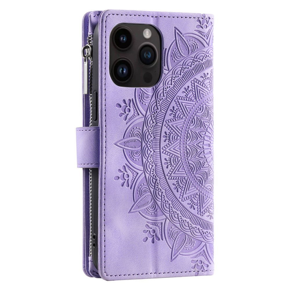 iPhone 16 Pro Leder Tasche Flip Cover mit Reissverschluss - Mandala Flowers Imprint - Lila