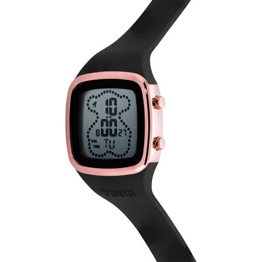Relógio digital TOUS B-Time com pulseira de silicone preta e caixa em aço inoxidável IPRG na cor ouro rosa.