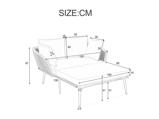 Bain de soleil，canapé de jardin - en acier galvanisé et corde tressé - 2 places - Gris