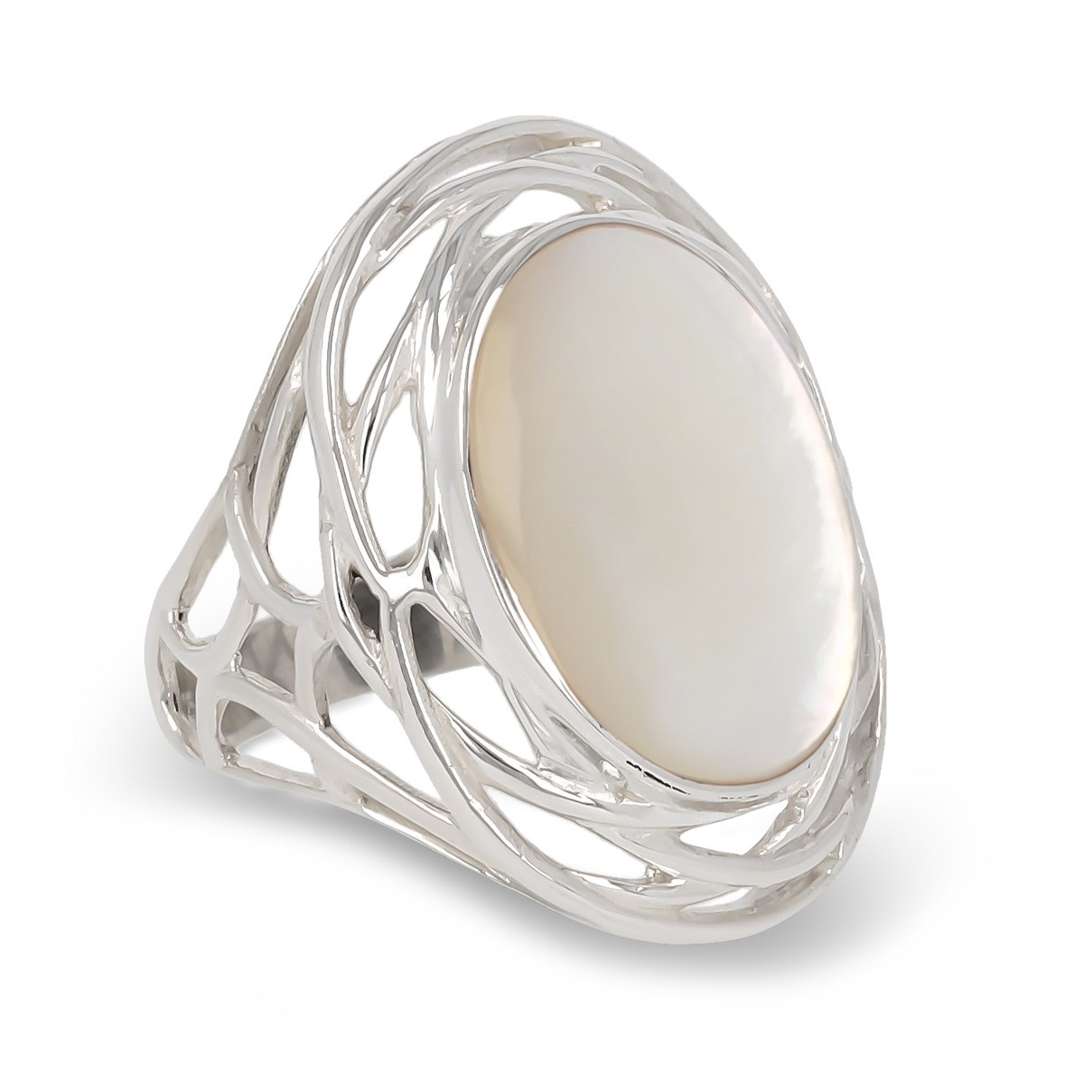 Bague Cabochon de Nacre Blanche Ovale en Argent 925 - Monture Nid - Aden Bijoux