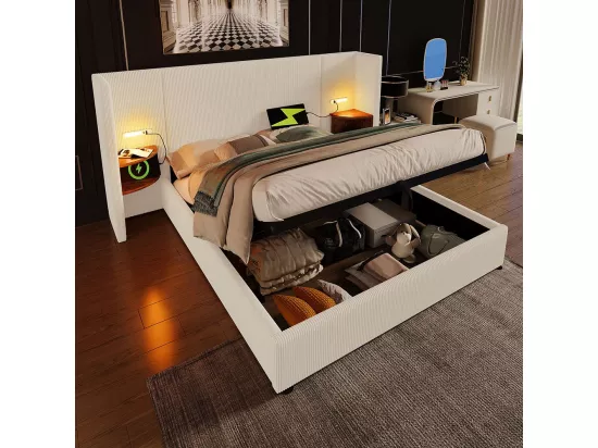Lit double capitonné (180 x 200) avec table de chevet, liseuse et chargeur USB Type-C, beige, tissu velours côtelé.