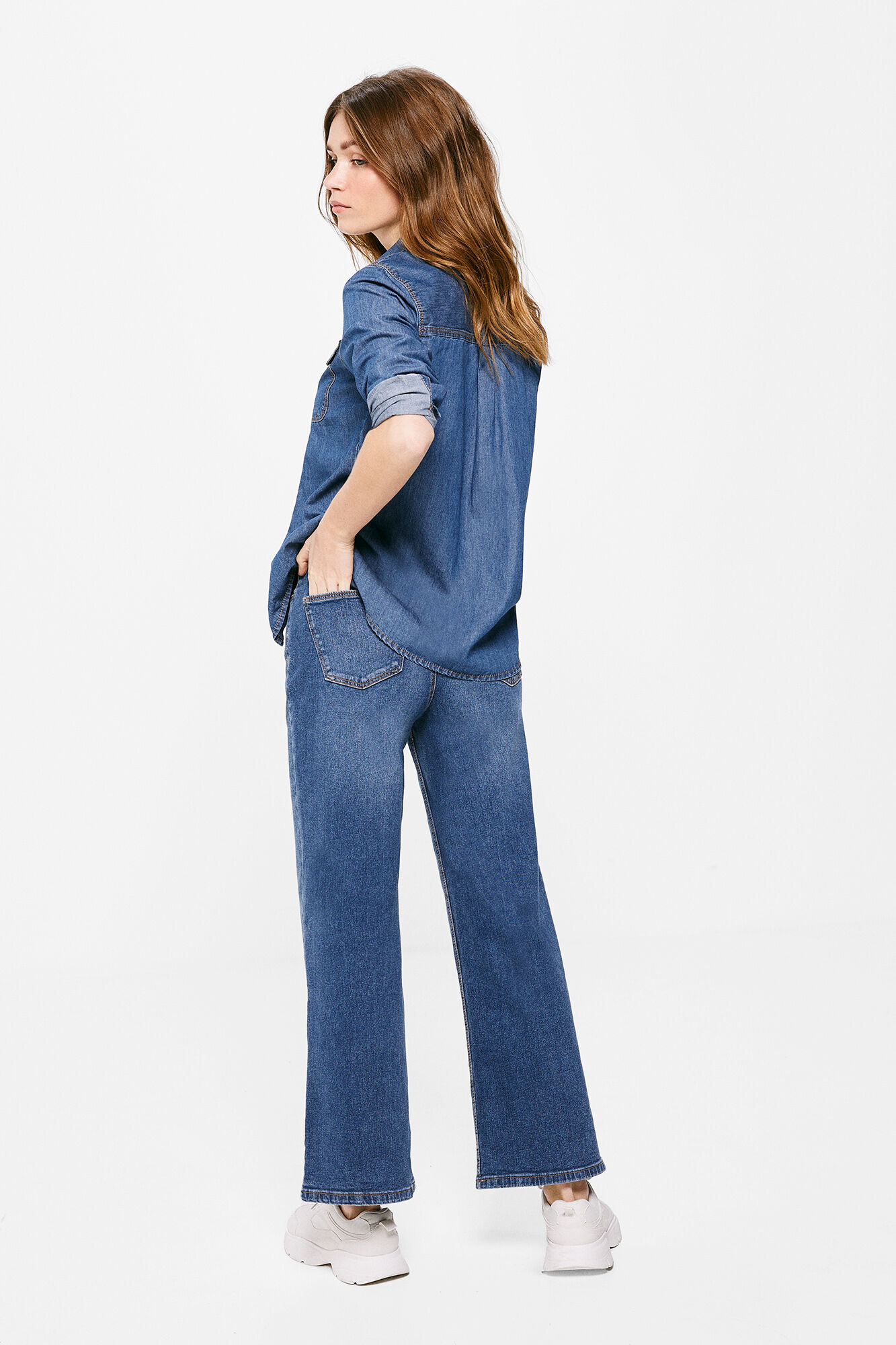 Calça jeans culote com lavagem sustentável - Azul médio