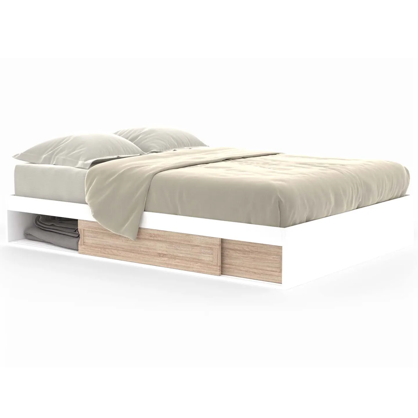 Cadre de lit double SALEM avec rangements et sommier 140 x 190 cm blanc et façon hêtre